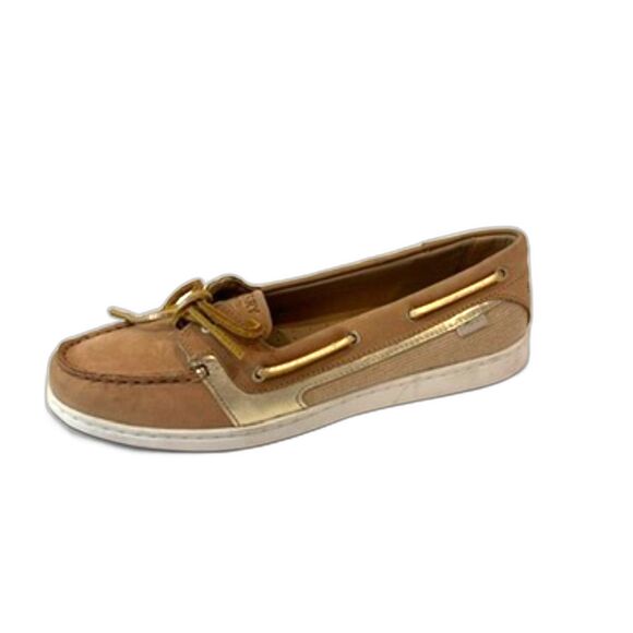 Sperry Top Sider Starfish Boat Shoes Tan Brown Leather Size 10 Gold Preppy - Picture 1 of 9
